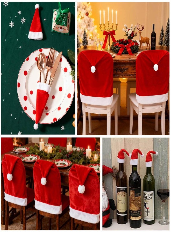 VADOO Christmas Chair Covers, 4PCS Santa Hat Chair Covers with 4 Pcs Silverware Holders Red Hat Dining Chair Slipcovers Christmas Chair Back Covers for Party Festival Decoration - Image 3